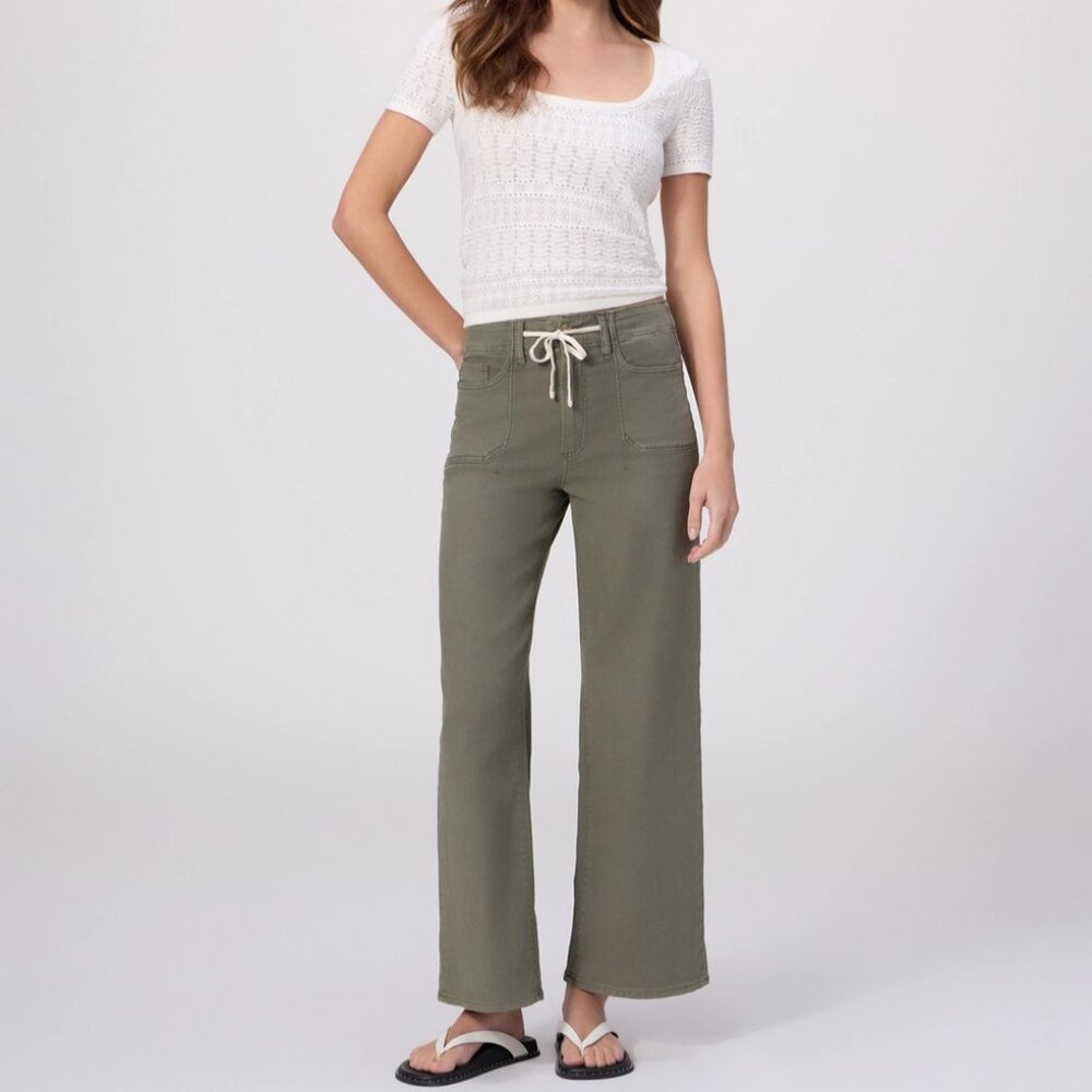 NWOT PAIGE ARI Wide Leg Stretch Pant Jeans Drawstring In Vintage Ivy Green 18W